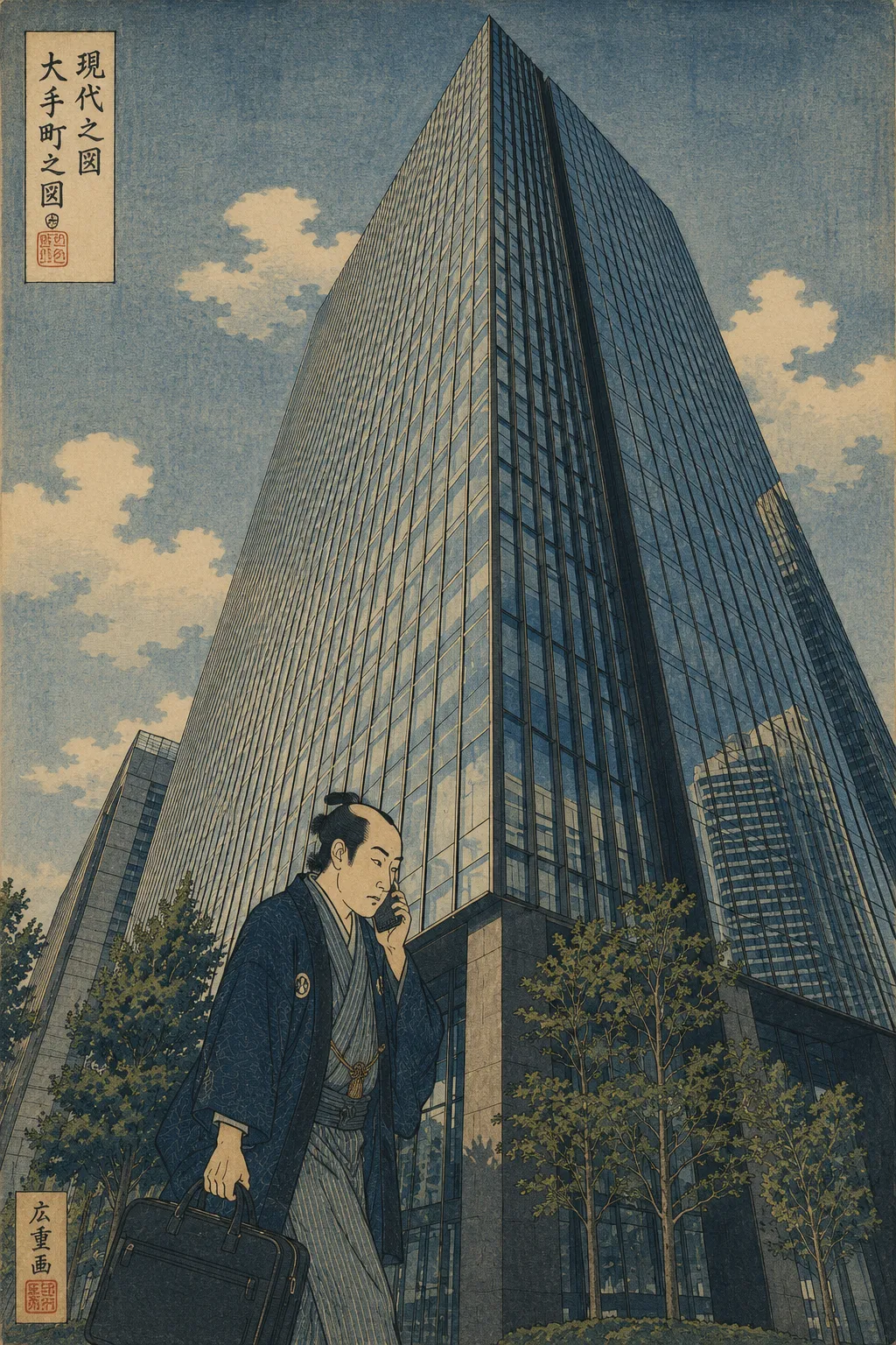 法人様向け物品調達を描いた浮世絵風イラスト