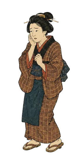 納品や現場対応まで含めると、手間が大きいに困っている人物の浮世絵風イラスト