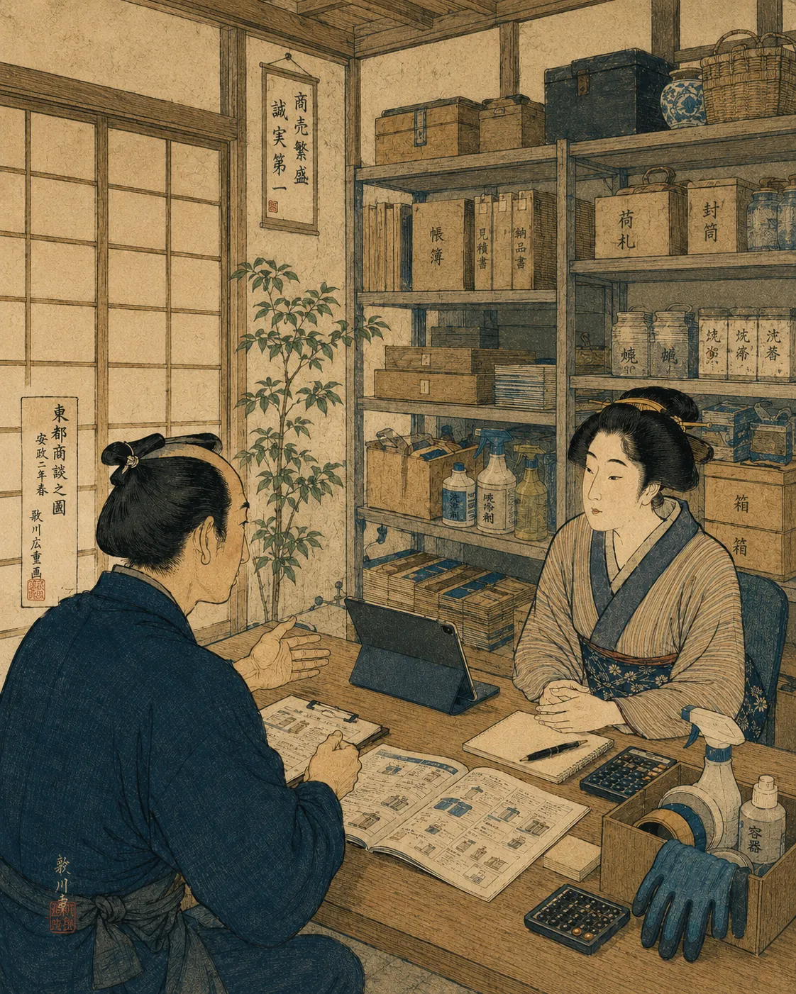 帳場で商談する江戸時代風の商人と相談者を描いた浮世絵風イラスト